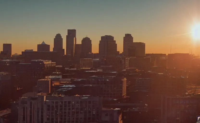 Prompt: photo of sunrise view of buffalo as seen from bus, scene from being john malcovich film directed by charlie kaufman ( 2 0 0 1 ), moody cinematography and lighting, 2 4 mm anamorphic lens