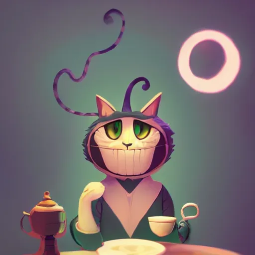 Image similar to cheshire cat drinking tea, in the style of atey ghailan and james gilleard and goro fujita, exquisite lighting, art, very coherent, trending on artstation