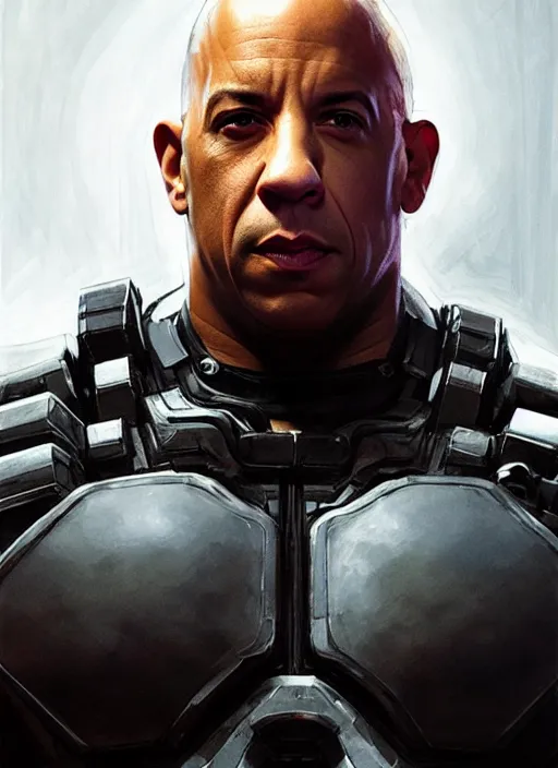 Image similar to vin diesel as victor stone, full body concept, cyborg, borg, strogg, face of a man, terminator, flesh, quake strogg, doom demon, wolfenstein, monstrous, powerful, symmetry, symmetrical, concept art by ruan jia and greg rutkowski