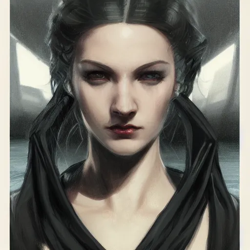 Image similar to rogue in black robes standing on a shipdeck, thin man, pale white skin, fantasy, D&D, portrait, piercing stare, highly detailed, digital painting, HD, artstation, concept art, matte, sharp focus, illustration, art by artgerm and greg rutkowski and alphonse mucha