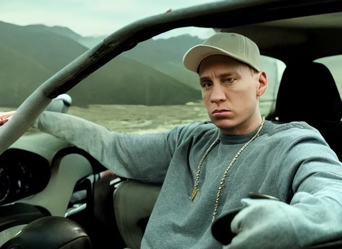 Image similar to a very high resolution image from a new movie, eminem driving a car. inside of a car. alone. mountains, directed by wes anderson