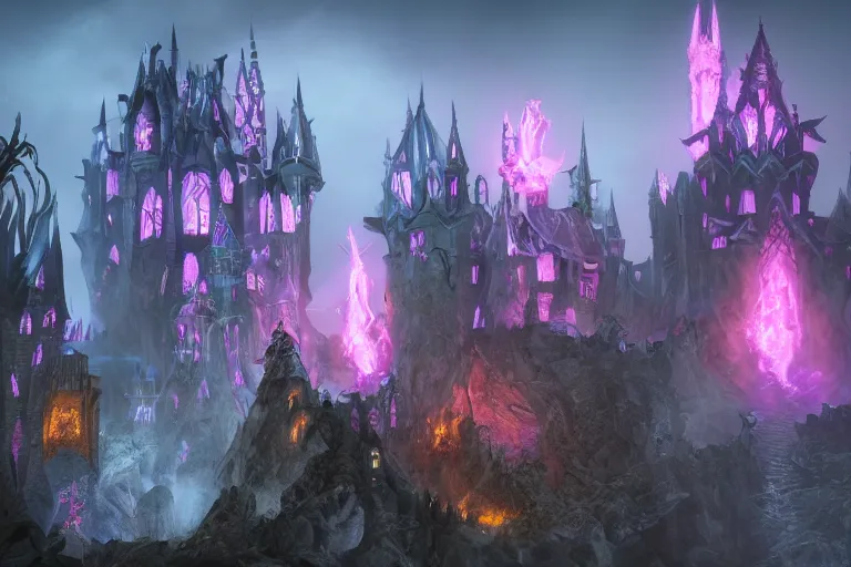 Image similar to big evil fairy castle - city rock dark shadow elves, might and magic heroes 7, dark fantasy, shadows, artstation trending, unreal engine 5, red