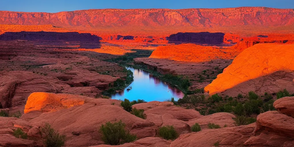 Image similar to “a river bend running through a canyon surrounded by desert mountains at sunset, moab, utah, a tilt shift photo by Frederic Church, trending on unsplash, hudson river school, photo taken with provia, national geographic photo”