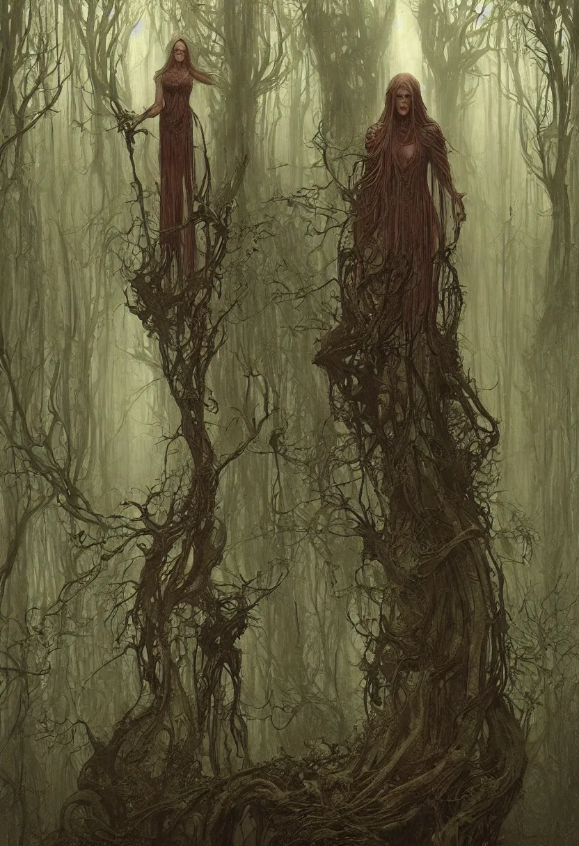 Image similar to a beautiful woman in a spooky forest, by daniel - by greg rutkowski and raymond swanland hr giger and zdzislaw beksinski and alphonse mucha and moebius, matte painting, hyperdetailed, symmetry, art nouveau, beautiful render, concept art