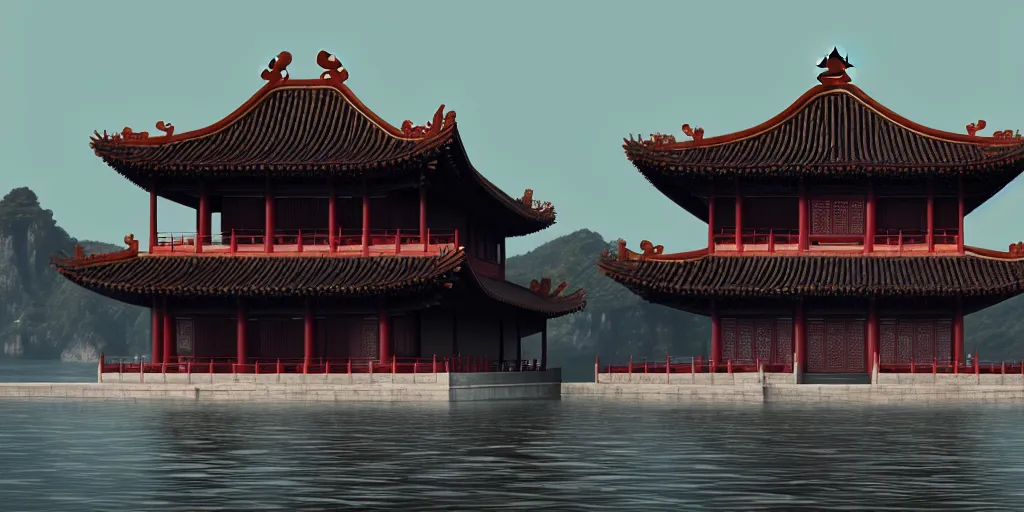 a ancient chinese style building located on a lonely