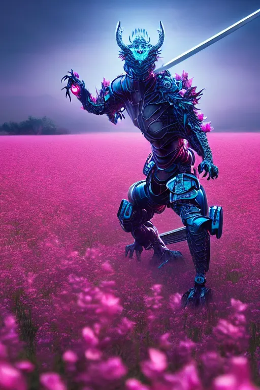 Image similar to illustration cinematic cyborg dragon yielding katana in a field of pink flowers, highly detailed concept art masterpiece, desaturated vitaly bulgarov eric zener dramatic blue light, ground angle uhd 8 k, sharp focus