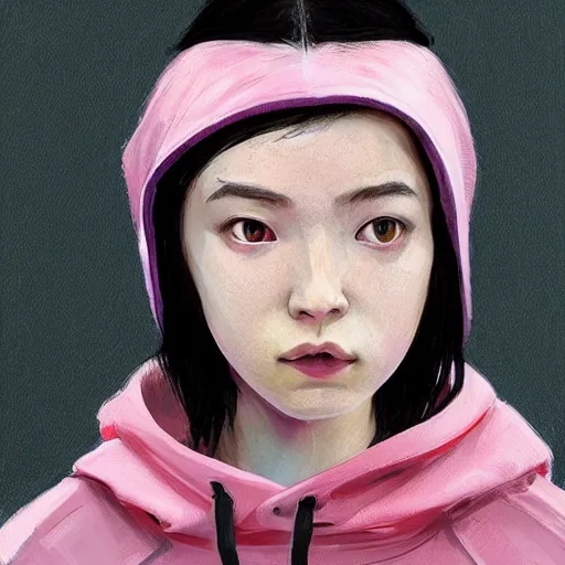 Image similar to Portrait of a woman by Greg Rutkowski, she is about 18 years old, mixture between japanese and british, messy bob black hair, young, pale, tired but friendly look, she's wearing a a pink oversized hoodie and a black adidas tracksuit, highly detailed portrait, scifi, digital painting, artstation, concept art, smooth, sharp foccus ilustration, Artstation HQ