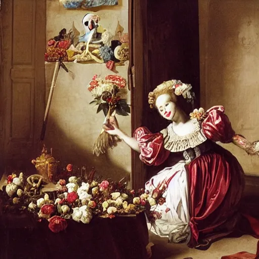 Prompt: one big skeleton Queen, France, wine, one girl cleaning on the floor, one girl arranging flowers, red and white flowers, baroque, Dutch masters