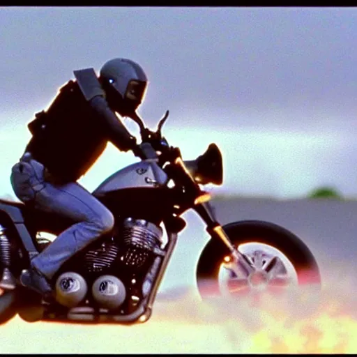 Image similar to film still from 'Displaced Future' (1997). Exciting future action scene of a motorcycle and explosions. Sigma 85mm f/8