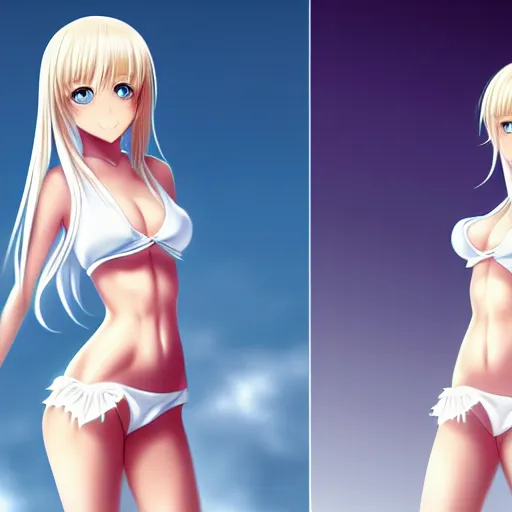 Image similar to tiny father a tall daughter picture : a very beautiful young blond anime girl, sky blue eyes, bikini, white miniskirt, highly detailed, cinematic wallpaper by stanley artgerm lau