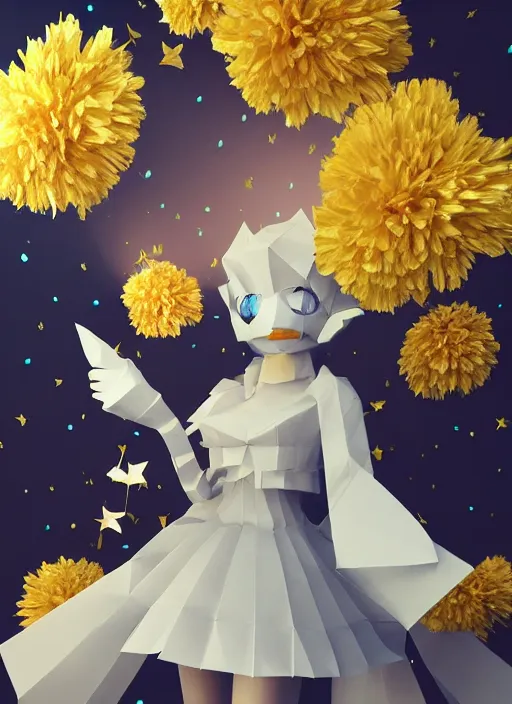 Image similar to background edge of space with puffy clouds are dusk, 🍆🌈♥ anthropomorphic paper woman wrapped in a flowing couture tissue paper, paper chrysanthemums, many origami stars, eery light, 3 d, very detailed, octane render, trending artstation, artgem