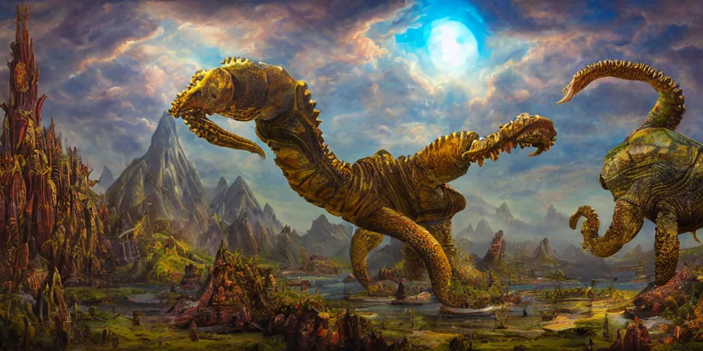 Image similar to fantasy oil painting, great leviathan, cybernetic turtle cephalopod terrapin reptilian pachyderm squid, bella hadid, hybrid, milla jovovich, anubis epic islamic city, natural light, lush plants flowers, spectacular mountains, bright clouds, luminous sky, outer worlds, golden hour, michael cheval, edward hopper, michael whelan, hd