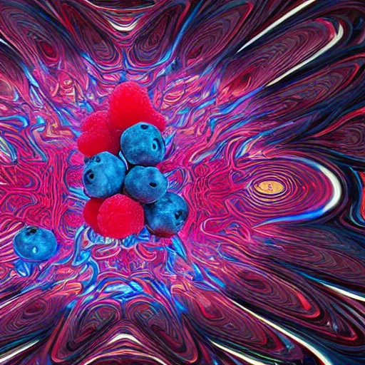 Image similar to raspberry, blueberry, vanilla smoothie explosion, intricate complexity, inverted neon red white and blue drip paint, psychedelic glitch art, trending on art station, photoreal, 8 k, octane render