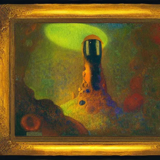 Prompt: ufo in the jungle y odilon redon