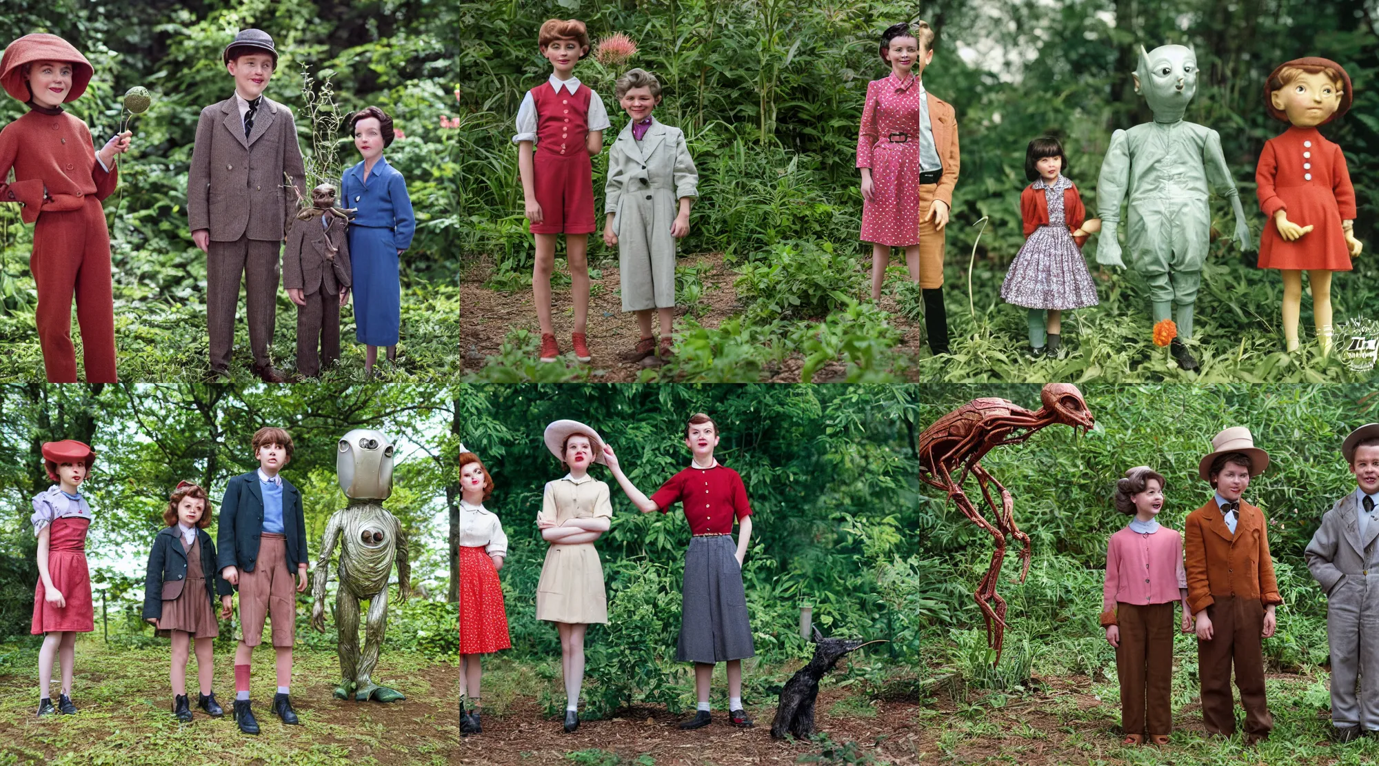 Prompt: detailed, sharp, a girl and a boy standing next to some strange wild alien plants, looking happy, wearing 1950s era clothes, their small pet tiny alien creature is standing nearby, in a park on a strange alien planet, extremely highly detailed, in focus faces, 70mm still from a classic period sci fi color blockbuster movie, 4k, 35mm macro lens, high quality lighting, sharp focus