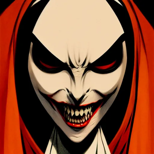 Image similar to scary vampire nun, evil grin, closeup, cinematic, powerful, super detailed and intricate, by koson ohara, by darwyn cooke, by greg rutkowski, by satoshi kon