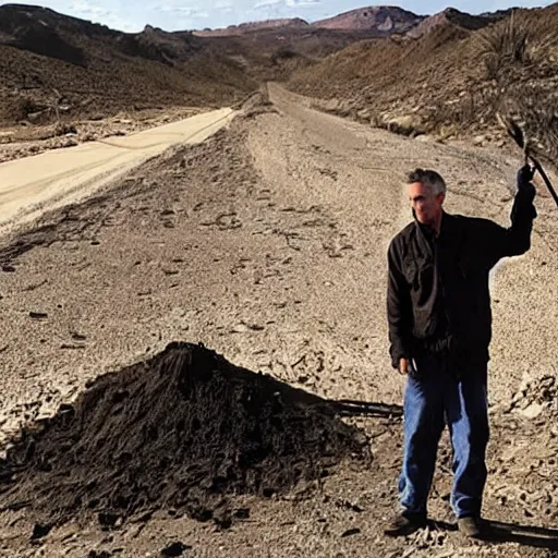 Prompt: Jordan Peterson digging a ditch, dressed like a homeless man in the desert. Photograph from a horror film.