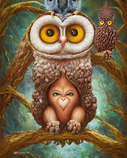 Prompt: the old wise Shaman, a painting of a monkey owl hybrid holding a bird on a branch, a detailed painting by Naoto Hattori, by Wendy Froud, behance contest winner, pop surrealism, detailed painting, lowbrow, tarot card