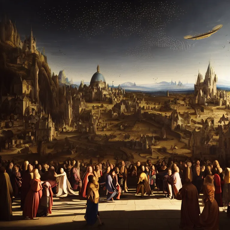 Prompt: crowd of medieval people surrounding UFO flying saucer, dream-like atmosphere, baroque landscape painting, perfect portrait composition, beautiful detailed intricate insanely detailed octane render trending on Artstation, 8K artistic photography, photorealistic, soft natural volumetric cinematic perfect light, chiaroscuro, award-winning photograph, masterpiece, Raphael, Caravaggio, Greg Rutkowski, Beeple