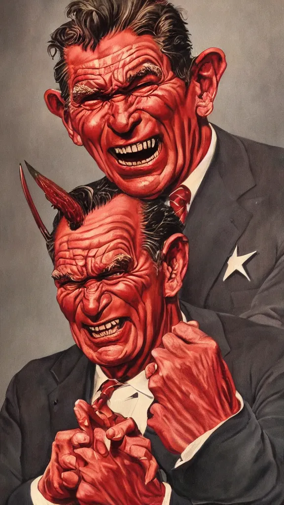 Image similar to demonic ronald regan with red horns, painting in the style of norman rockwell, 1 9 5 0 s, evil, satan, devil, demonic, demon, hyperrealistic, photorealistic, award - winning, 4 k, ultra hd, artstation, intricate, highly detailed, american, usa, dark, gritty