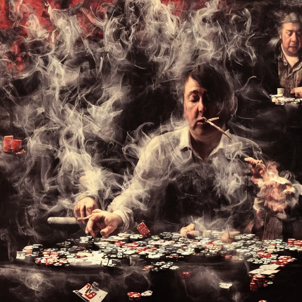 Image similar to bill hicks smoking playing poker. vivid colors, by GREgory crewdson, nicola samori and jenny saville