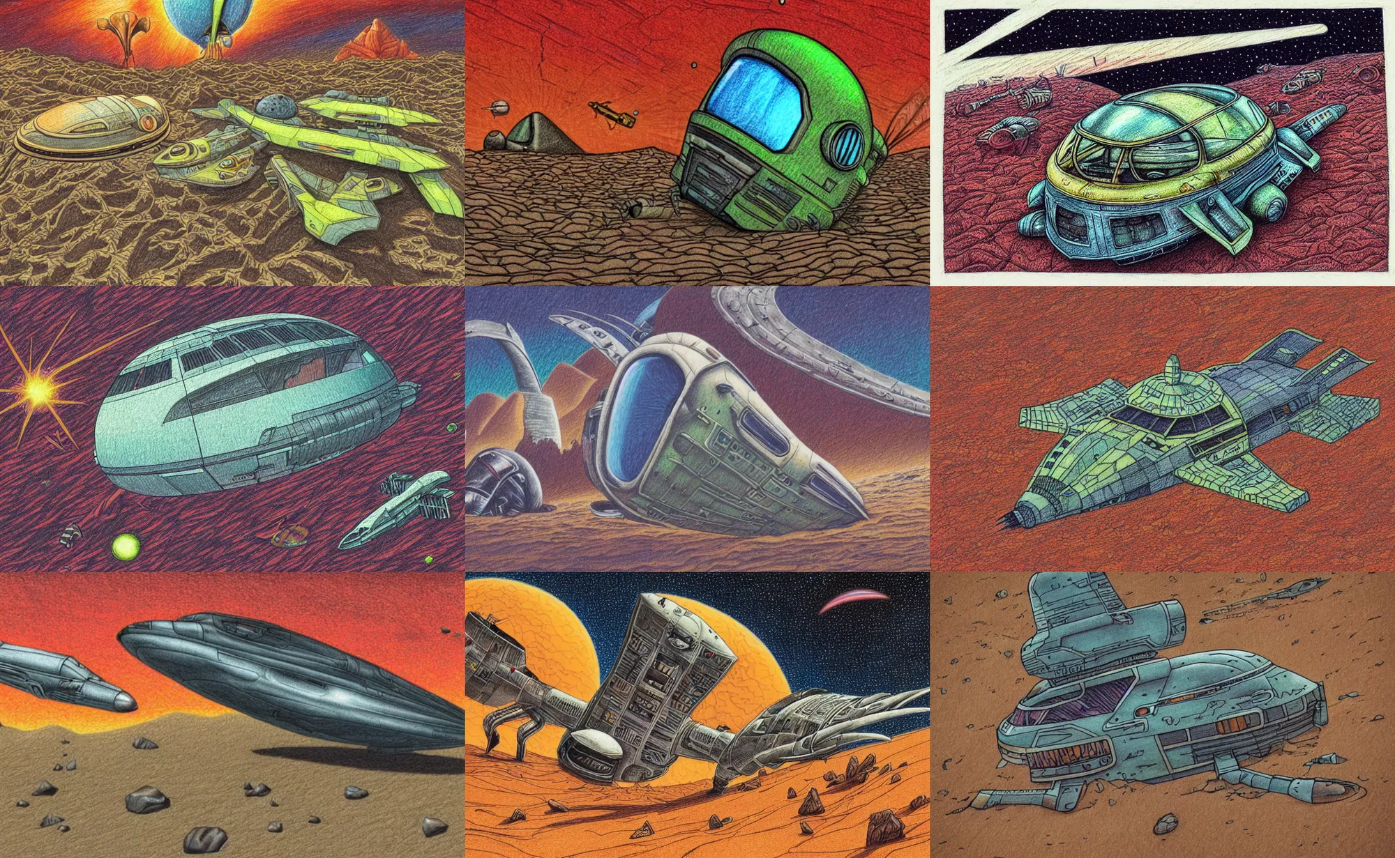 Prompt: intricately detailed color pencil drawing with dark outlines, retro spaceship crash landed on an alien desert landscape