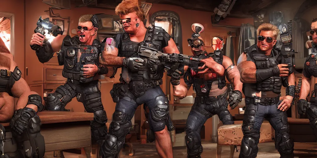 Image similar to duke nukem family sitcom comedy, realistic 4 k octane beautifully detailed render, 4 k post - processing, highly detailed, intricate complexity, epic composition, magical atmosphere, cinematic lighting, masterpiece, ultra hd