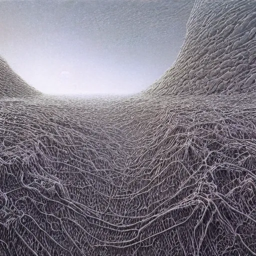 Prompt: A Landscape by Peter Gric and Zdzisław Beksiński