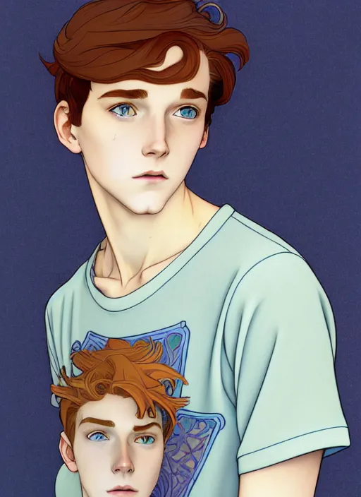 Image similar to art nouveau portrait of a teen boy with completely straight auburn hair, light blue eyes, pale skin, freckles, sad expression, t - shirt, modern casual clothing, natural lighting, path traced, highly detailed, high quality, cartoon, digital painting, by don bluth and ross tran and studio ghibli and alphonse mucha