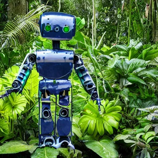 Prompt: robot made of plants in the jungle