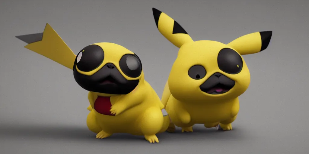 Image similar to a pikachu that looks like a pug, unreal 5, hyperrealistic, realistic, photorealistic, dynamic lighting, highly detailed, cinematic landscape, studio landscape, studio lighting