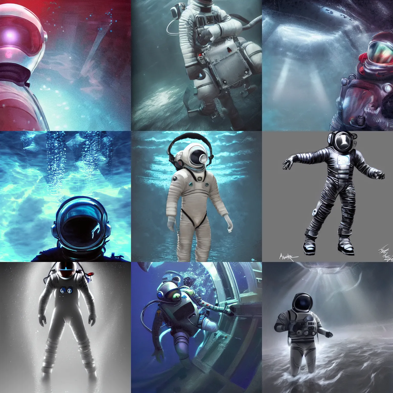 Prompt: infrared concept art in the dark underwater diver astronaut with meka helmet. complex suit design. wet reflection material. rays and dispersion of light breaking through the deep water. trend artstation