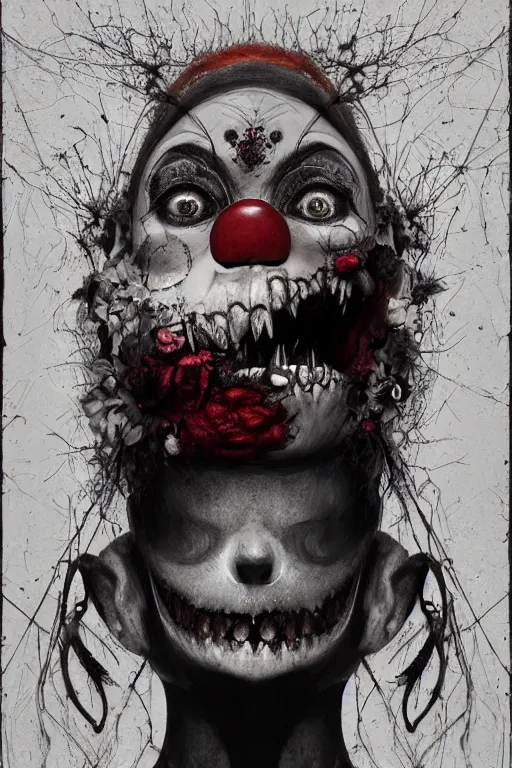 Image similar to portrait of a creepy girl clown skull. intricate abstract. intricate artwork. nightmare fuel. terrifying. by Tooth Wu, wlop, beeple, dan mumford. octane render, trending on artstation, greg rutkowski very coherent symmetrical artwork. cinematic, hyper realism, high detail, octane render, 8k, iridescent accents, black and white