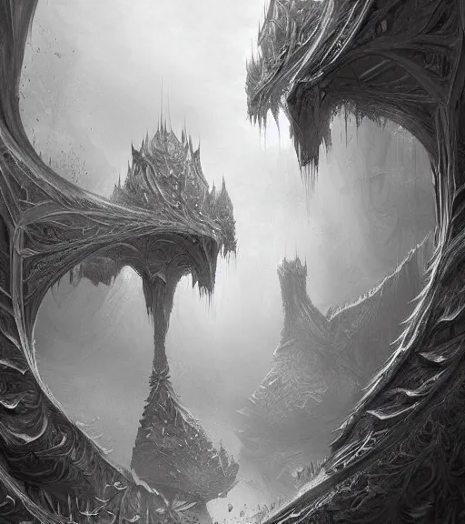 Image similar to beautiful fractal black and white drawing, in the style of greg rutkowski, fantasy, amazing detail, epic, intricate, elegant, smooth, sharp focus