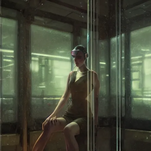 Image similar to detailed portrait of a woman, moment, cyberpunk cloisters, electronic billboards, tech noir, wet reflections, atmospheric, ambient, livia prima, greg rutkowski, edward hopper