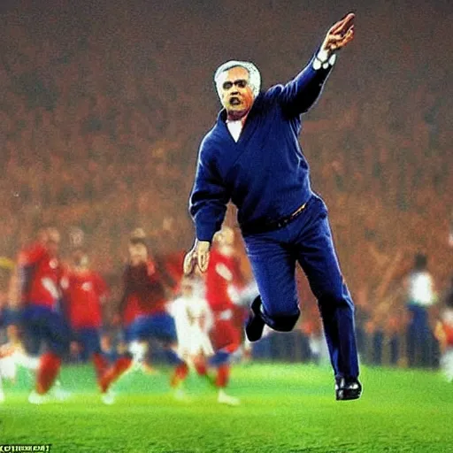 Prompt: jose mourinho flying like superman throwing lasers, award winning photograph