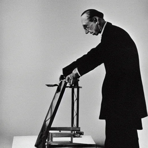 Image similar to filmstill of Marcel Duchamp working on a futuristic machine, long exposure, minimal composition, rule of thirds, archival pigment print