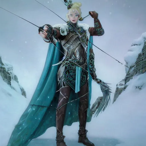 Image similar to half length portrait of a handsome snow elf in a turquoise cape and silver armour, armed with bow and arrow, albino skin, winter vibes, elegant, very coherent symmetrical artwork, atmospheric lighting, rule of thirds, royo, klimt, miro, vallejo, frazetta, alphonse mucha, greg rutkowski, sharp focus, trending on artstation