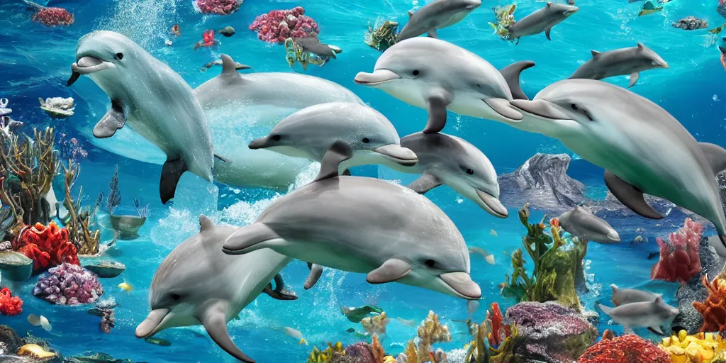 Image similar to sirens of the sea with other dolphins and sea creatures in their underwater kingdom, ultrarealistic, 4 k