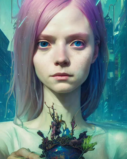 Image similar to highly detailed surreal vfx portrait of a postcyberpunk fairy, stephen bliss, unreal engine, greg rutkowski, loish, rhads, beeple, makoto shinkai and lois van baarle, ilya kuvshinov, rossdraws, tom bagshaw, alphonse mucha, global illumination, detailed and intricate environment