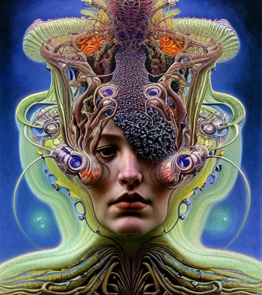 Prompt: detailed realistic beautiful young biopunk queen of lava galaxy in full regal attire. face portrait. art nouveau, symbolist, visionary, baroque, giant fractal details. horizontal symmetry by zdzisław beksinski, iris van herpen, raymond swanland and alphonse mucha. highly detailed, hyper - real, beautiful