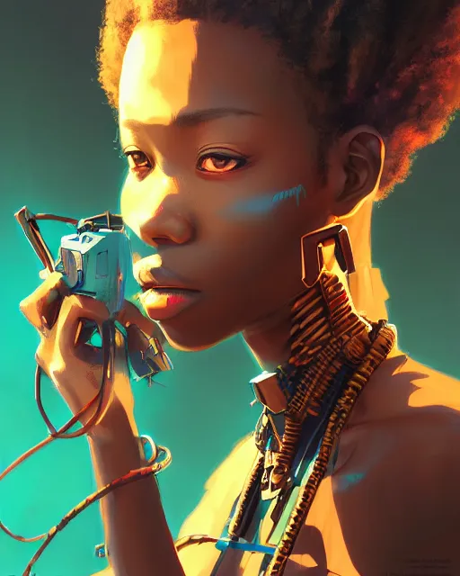 Image similar to kyoto animation, cool african lady wearing cyberpunk intricate warcore, beautiful, detailed portrait, cell shaded, 4 k, concept art, by wlop, ilya kuvshinov, artgerm, krenz cushart, greg rutkowski, pixiv. cinematic dramatic atmosphere, sharp focus, volumetric lighting, cinematic lighting, studio quality