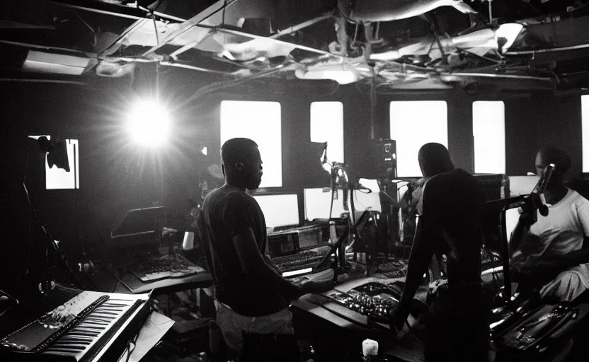 Prompt: frank ocean making music in the studio, greyscale