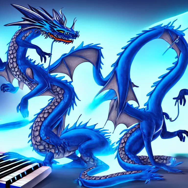 Image similar to an anthropomorphic male blue dragon playing with a synthesizer, deviantart, furry art, highly detailed, 8k
