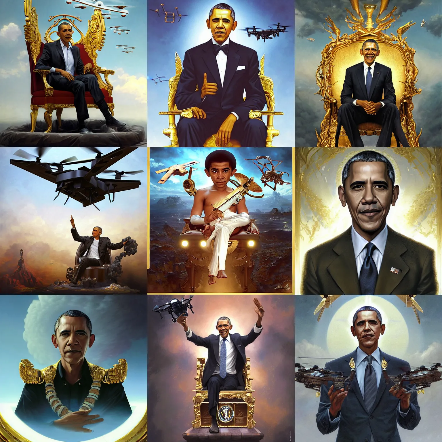 Prompt: portrait of Barack Obama (played by Barack Obama) The Drone King sitting in the sky on a golden throne with MQ-1 Predator Drones (military) flying out from under it, intricate details, By Ruan Jia and Stanley Artgerm, Range Murata and WLOP and Ross Tran and William-Adolphe Bouguereau. Key Art. Fantasy Illustration. award winning, Artstation, smooth, Hyperdetailed, 8k resolution.