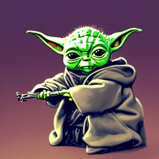 Image similar to illustration sticker baby yoda sitting, by masamune shirow and greg rutkowski, character art, sharp focus, highly detailed, artstation