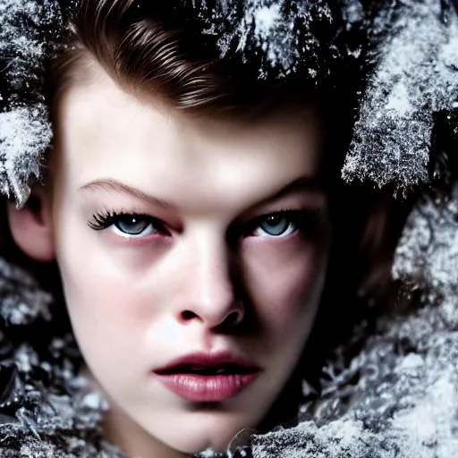 Image similar to Young Milla Jovovich as a snow goddess covered in snow, grungy, unkept hair, glowing eyes, winter, modelsociety, radiant skin, huge anime eyes, RTX on, bright on black, dramatic, studio lighting, perfect face, intricate, Sony a7R IV, symmetric balance, polarizing filter, Photolab, Lightroom, 4K, Dolby Vision, Photography Award