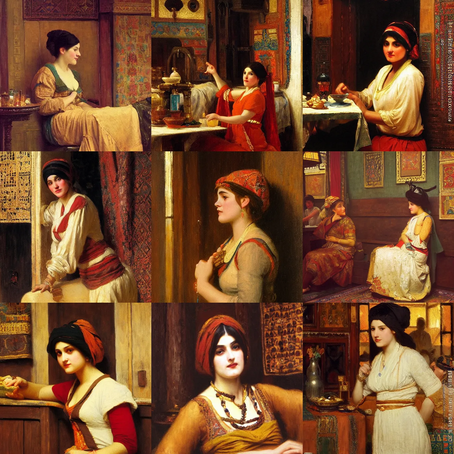 Prompt: orientalism painting of a cute city woman in a tavern detail by edwin longsden long and theodore ralli and nasreddine dinet and adam styka, masterful intricate art. oil on canvas, excellent lighting, high detail 8 k