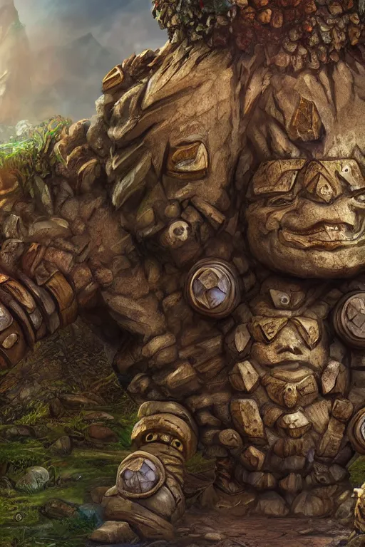 Image similar to zelda fantasy art giant golem troll wood rock greeble gemstone, global illumination ray tracing hdr fanart arstation by sung choi and eric pfeiffer and gabriel garza and casper konefal