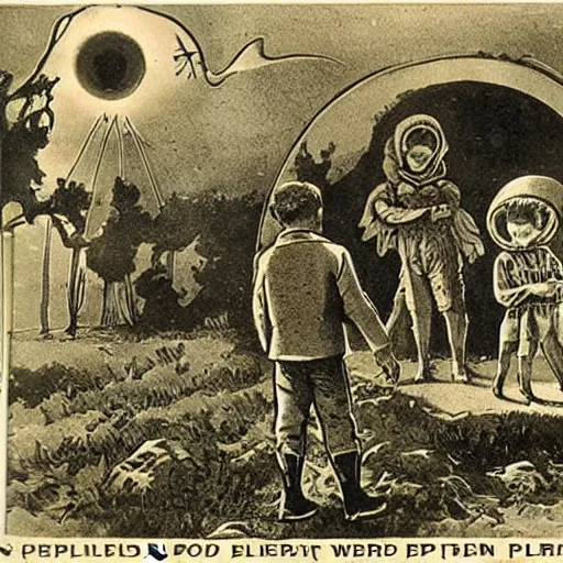 Image similar to 1890s children's book illustration about the perils of exploring alien planets